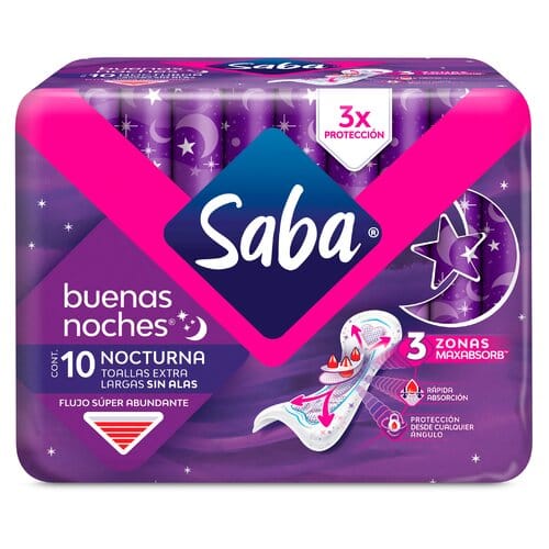 Saba buenas noches toallas sanitarias sin alas 10 unds